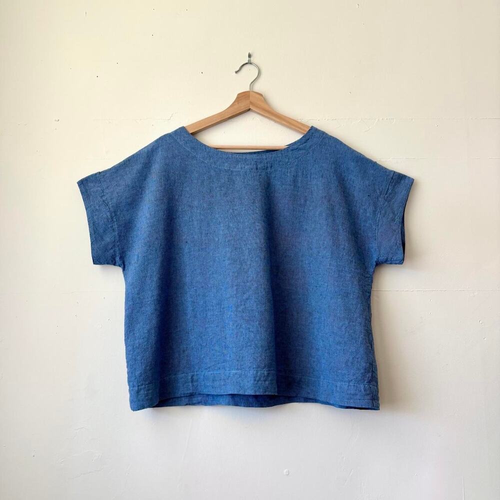 Cut Loose Oversized Indigo Linen Boxy Top Boat Neck Lagenlook Made in USA Size M